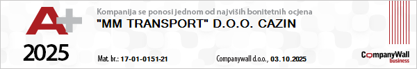 A+ 2025 CompanyWall bonitetni certifikat — MM Transport d.o.o. Cazin